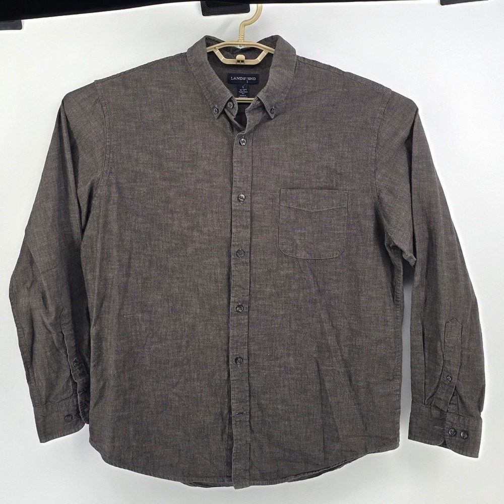 Lands End Mens Size 16 16.5 L Brown Cotton Button Down Shirt Traditional Fit